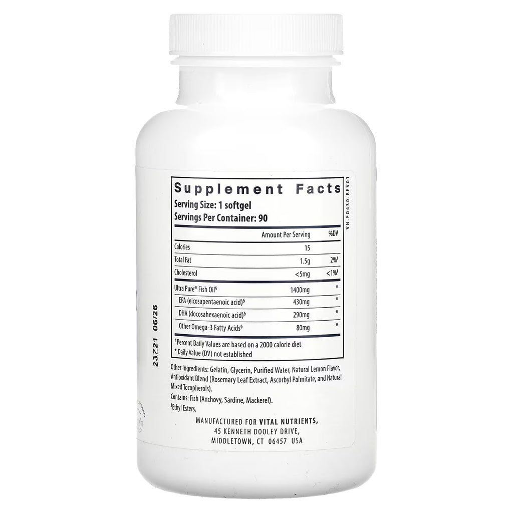 Vital Nutrients, Ultra Pure, Fish Oil 800, Lemon, 90 Softgels
