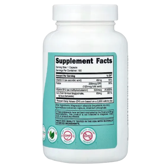 Nutricost, Women, Iron With Vitamin C, Folate, & Vitamin B12, 180 Capsules